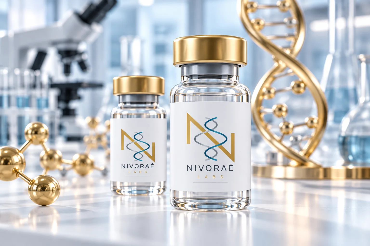 Viales NIVORAÉ LABS con ADN y moléculas doradas en laboratorio